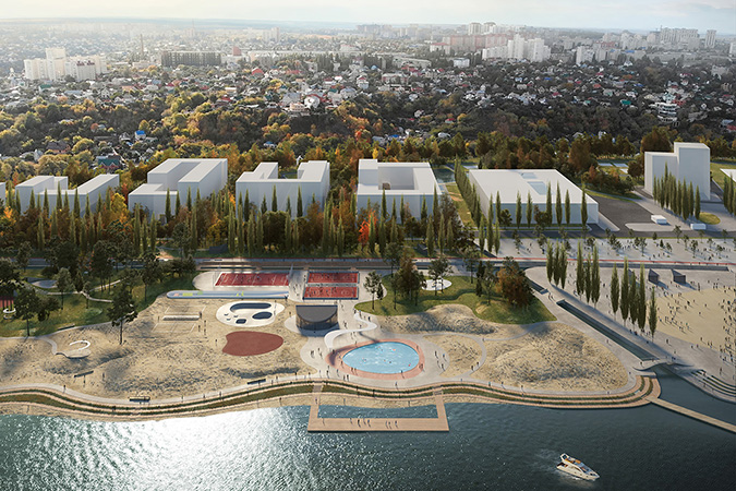 Sports cluster and beach area. In the background - the Streletsky neighborhood 
